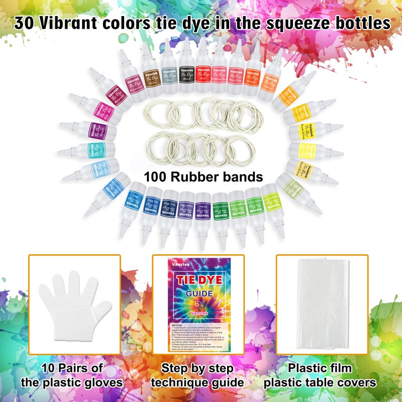 Vanstek 30 Colors Tie Dye Kit, Tie Dye Shirt Fabric Dye for Women, Kids, Men, with Rubber Bands, Gloves, Plastic Film and Table Covers for Family Friends Groups Party Supplies - Image 2